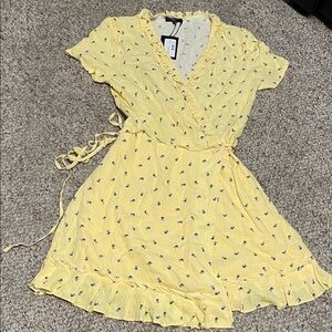 Frnch Yellow blue Flower Wrap Dress with ruffle hem